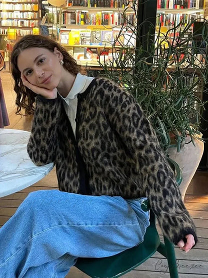 Leopard Print Round Neck Mohair Cardigan cardigans-241228