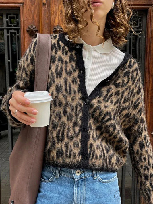 Leopard Print Round Neck Mohair Cardigan Leopard / S cardigans-241228