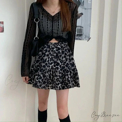 Leopard Print Ruffle Coquette Street Patchwork Skirt