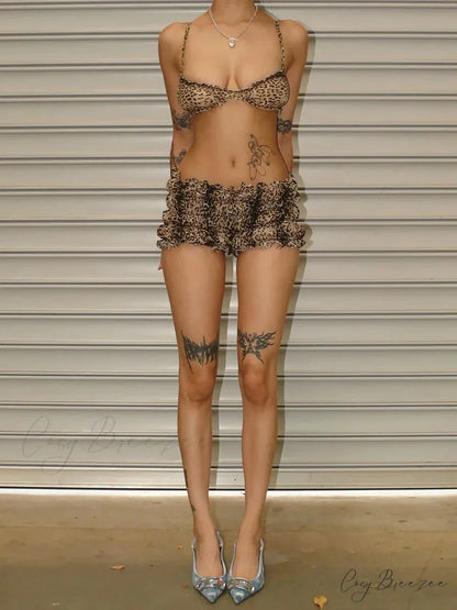 Leopard Print Ruffles Cami Graceful Bra Top and Shorts Set