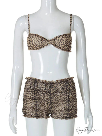 Leopard Print Ruffles Cami Graceful Bra Top and Shorts Set