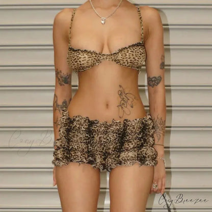 Leopard Print Ruffles Cami Graceful Bra Top and Shorts Set