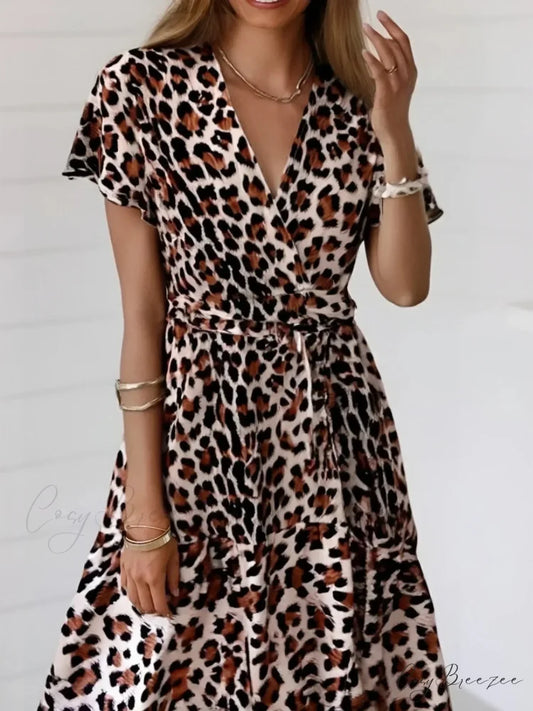 Leopard Print Vacation Wrap Mini Boho Dress Black / S bohodress-250126