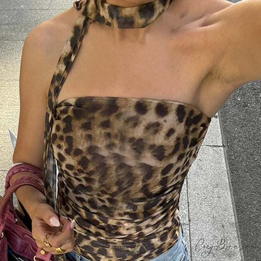 Leopard Ruched Scarf Crop Top Brown / S croptop-250223