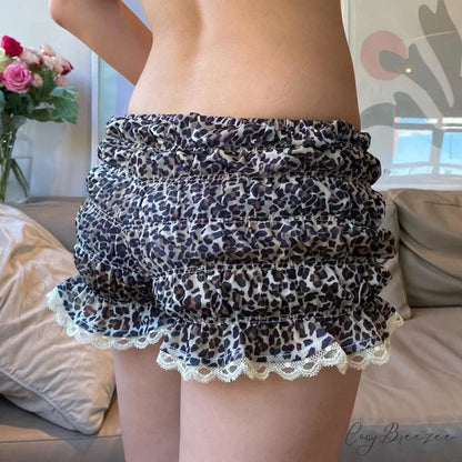 Leopard Ruffle Lace Trim Shorts short-250223