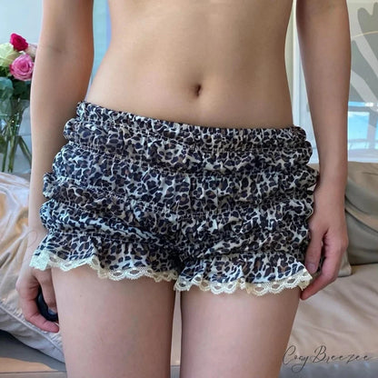 Leopard Ruffle Lace Trim Shorts short-250223