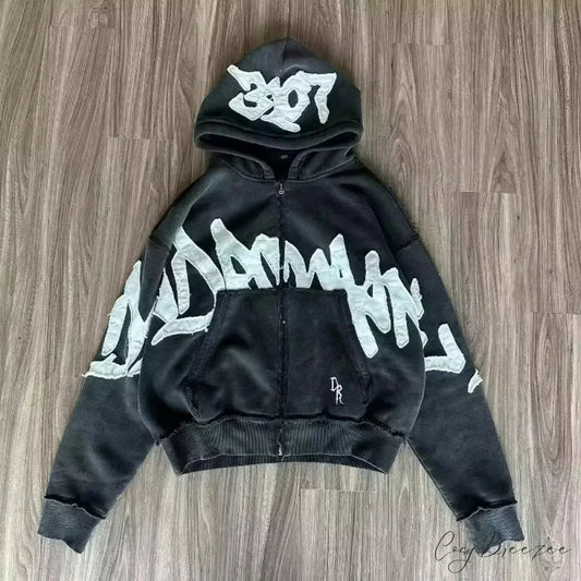 Letter Patch Vintage Zipper Hoodie black 6 / M hoodies-241228
