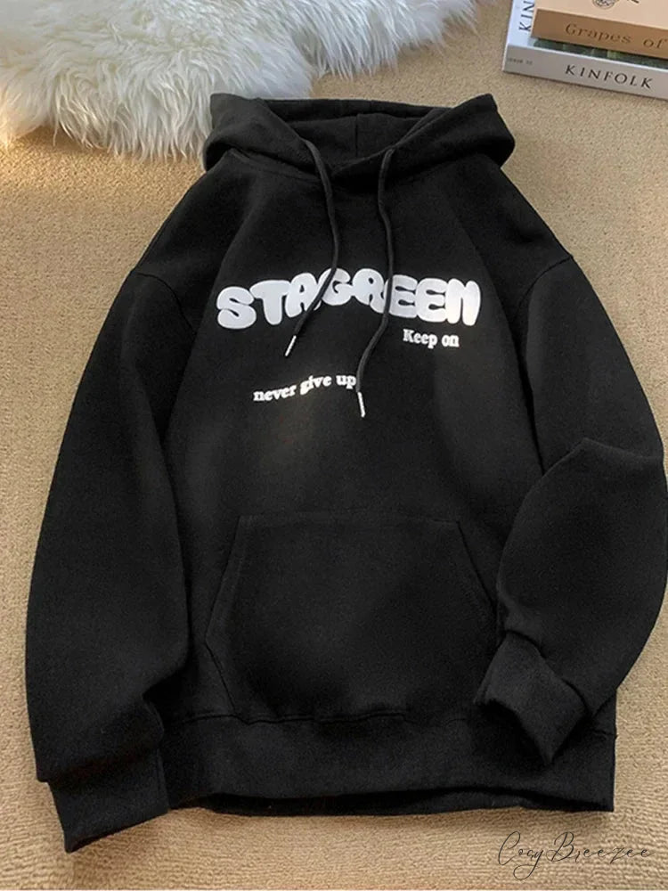Letter Print Autumn Y2K Pocket Hoodie Black / M(40-45KG) hoodies-241228