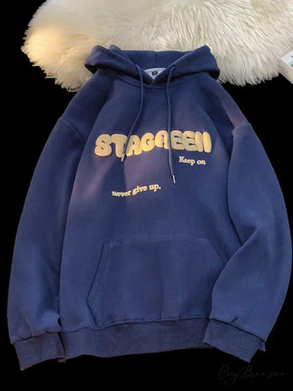 Letter Print Autumn Y2K Pocket Hoodie Navy Blue / M(40-45KG) hoodies-241228