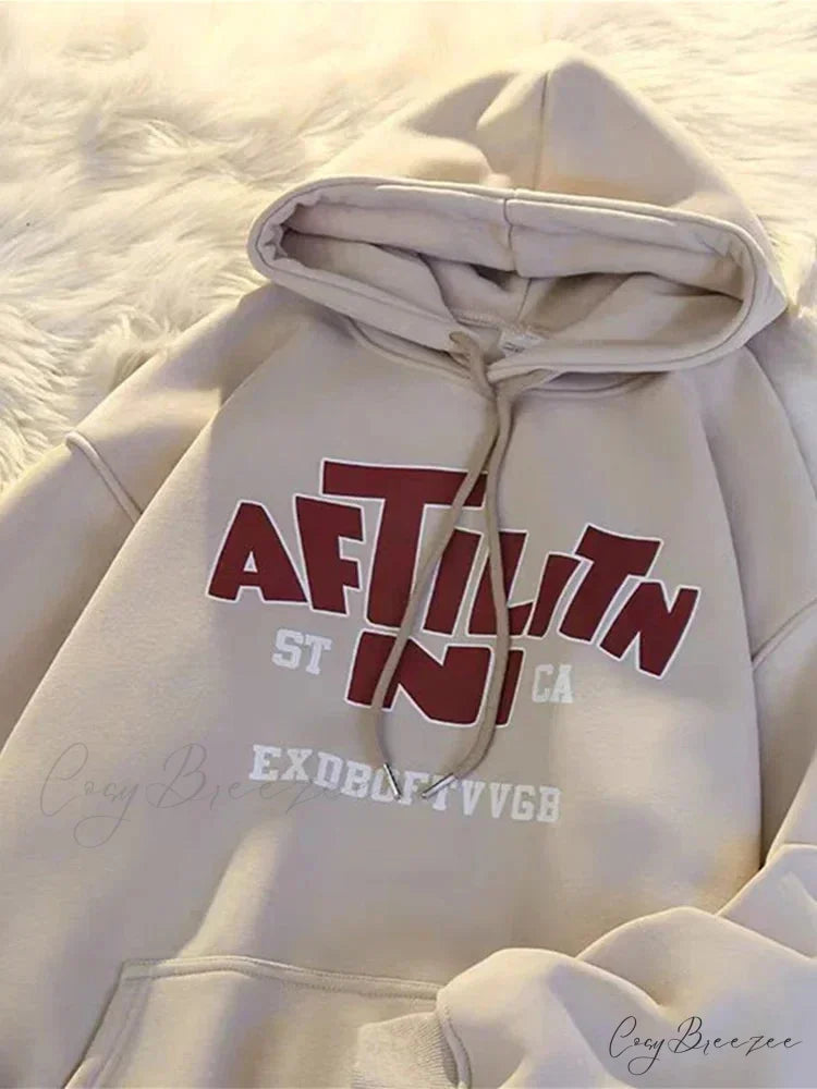 Letter Print Cotton Hoodie apricot / M(40-45KG) hoodies-241228