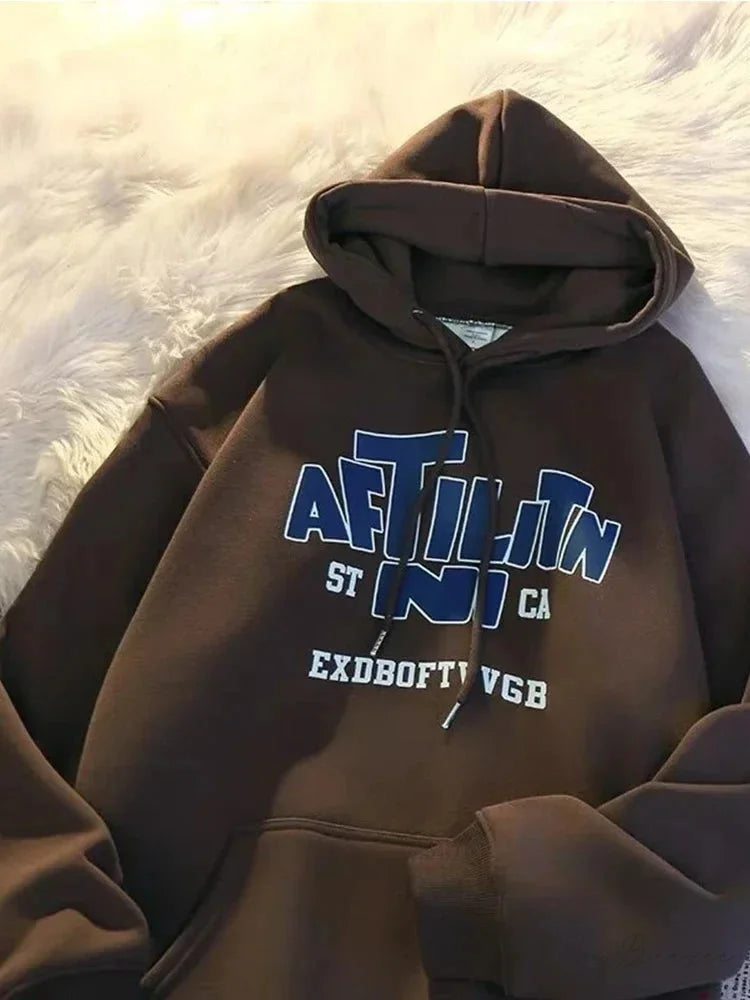 Letter Print Cotton Hoodie Brown / M(40-45KG) hoodies-241228