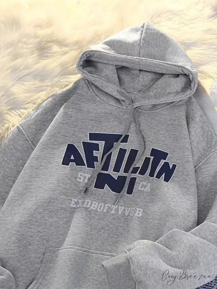 Letter Print Cotton Hoodie GRAY / M(40-45KG) hoodies-241228