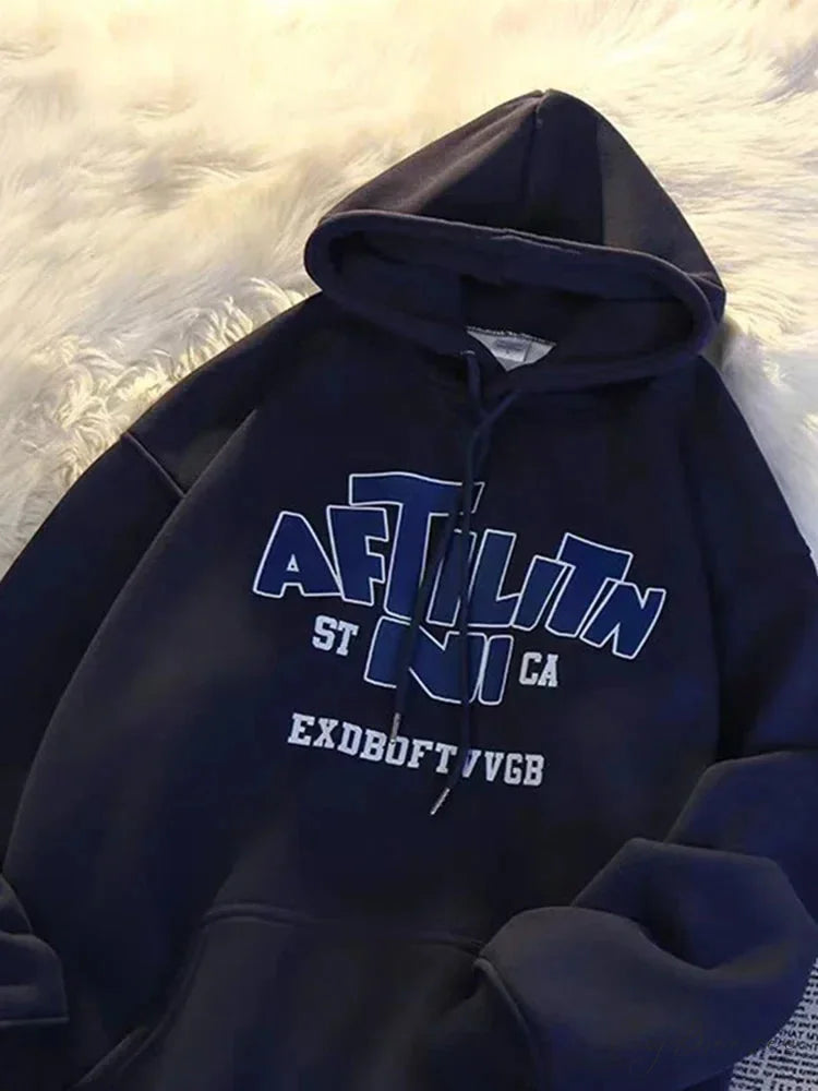 Letter Print Cotton Hoodie Navy Blue / M(40-45KG) hoodies-241228
