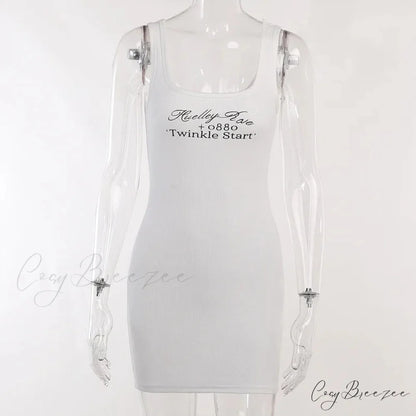 Letter Print Ribbed Tank Bodycon Mini Dress