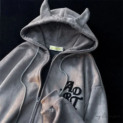 Letter Print Vintage Zipper Hoodie grey / M hoodies-241228