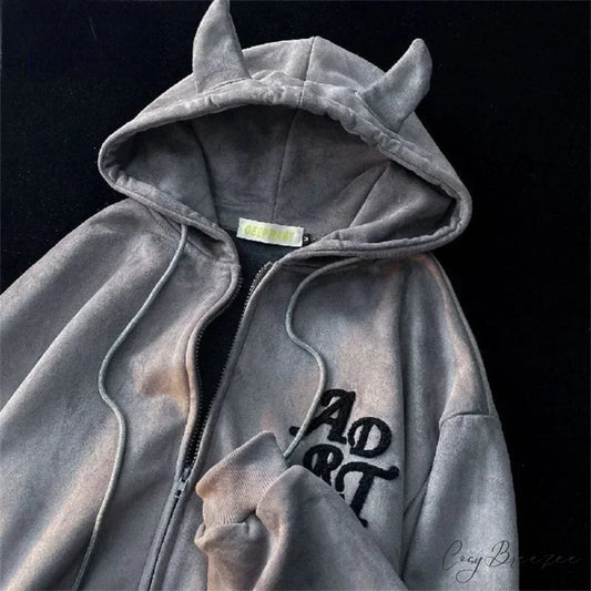 Letter Print Vintage Zipper Hoodie grey / M hoodies-241228