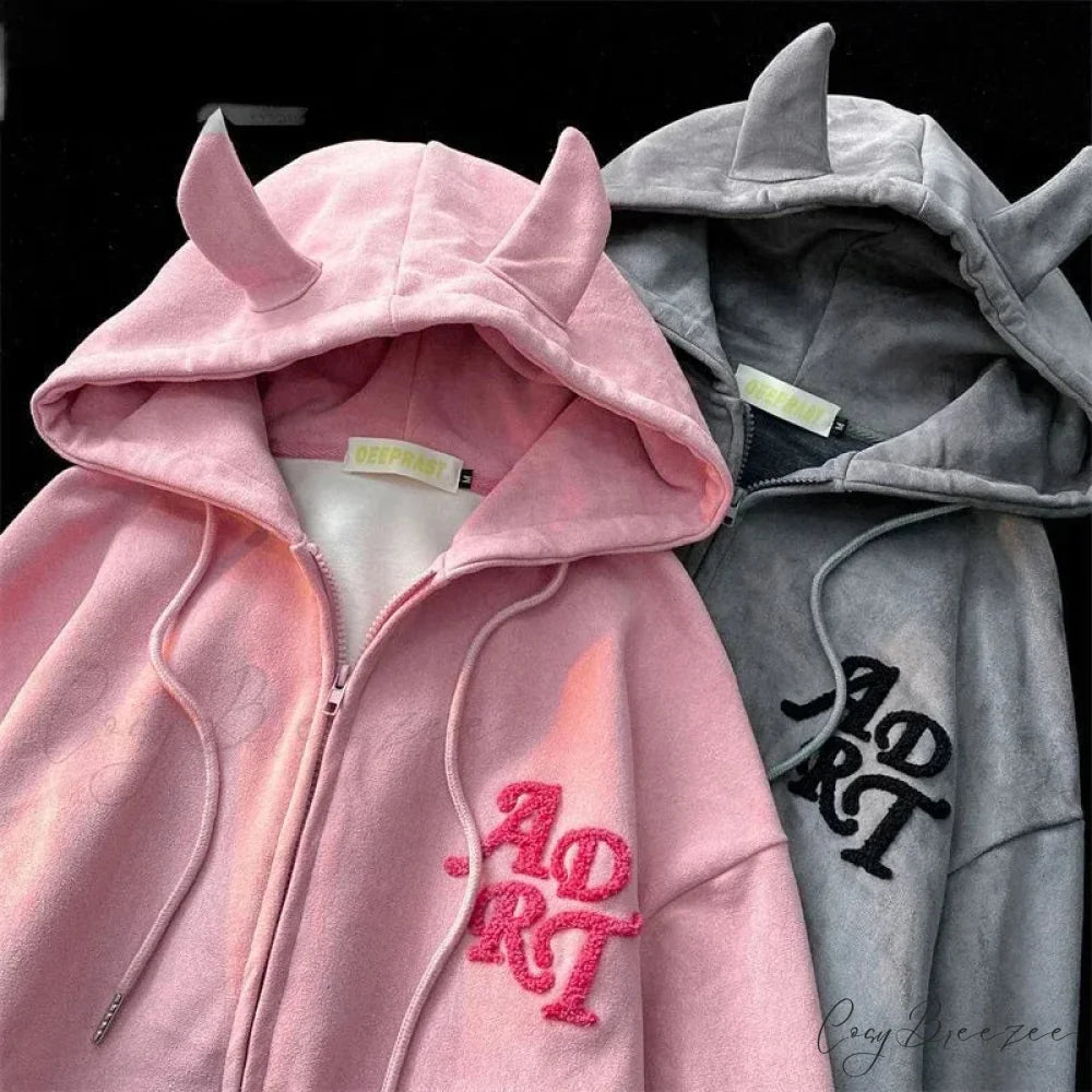 Letter Print Vintage Zipper Hoodie hoodies-241228