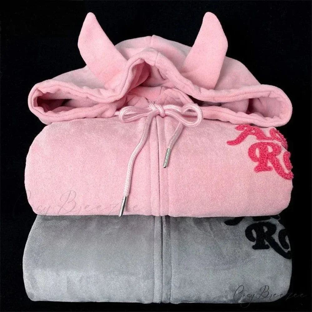 Letter Print Vintage Zipper Hoodie hoodies-241228