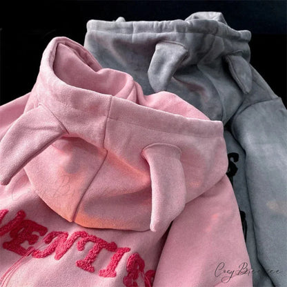 Letter Print Vintage Zipper Hoodie hoodies-241228