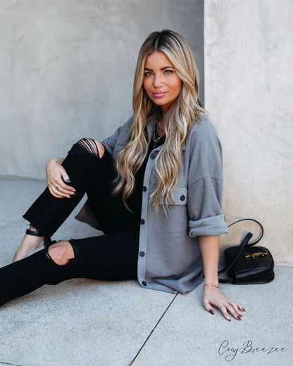 Lexie Cotton Blend Button Down Shirt Jacket - Charcoal
