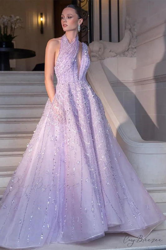 Lifelong Romance Beaded Trendy Sequin Halter Maxi Dress Lilac / 2