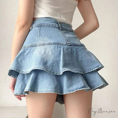Light Blue Ruffled Denim Skirt Light Blue / S skirts-250223
