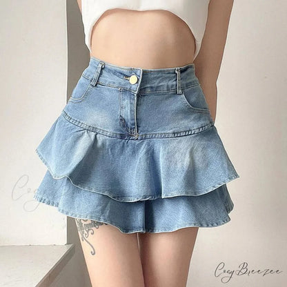 Light Blue Ruffled Denim Skirt skirts-250223