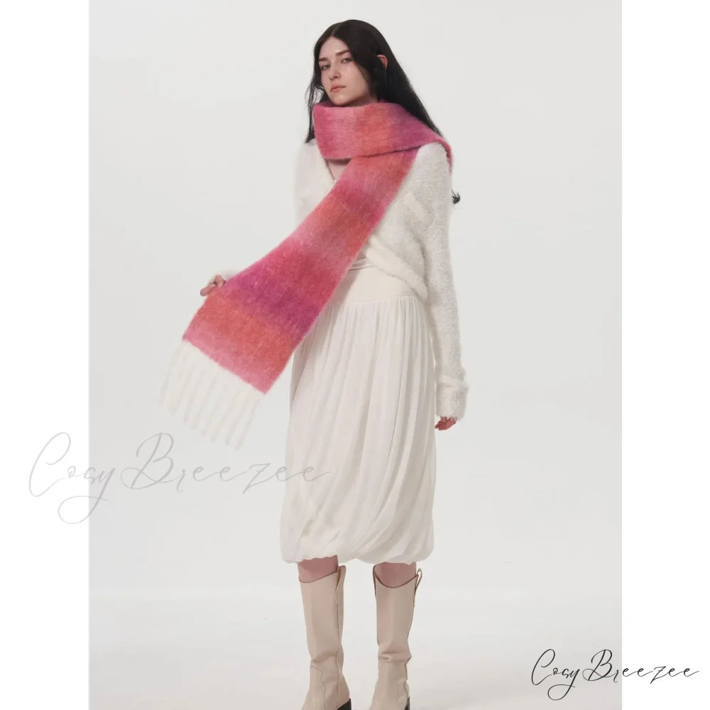 Light Luxury Gradient Color Wool Striped Fringed Mohair Scarf
