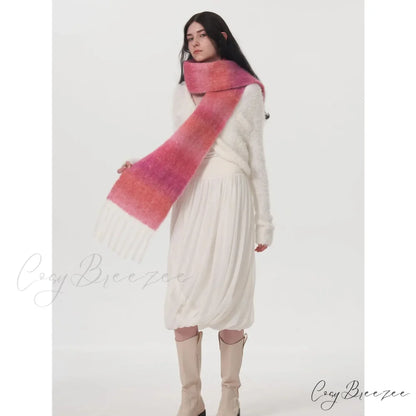 Light Luxury Gradient Color Wool Striped Fringed Mohair Scarf