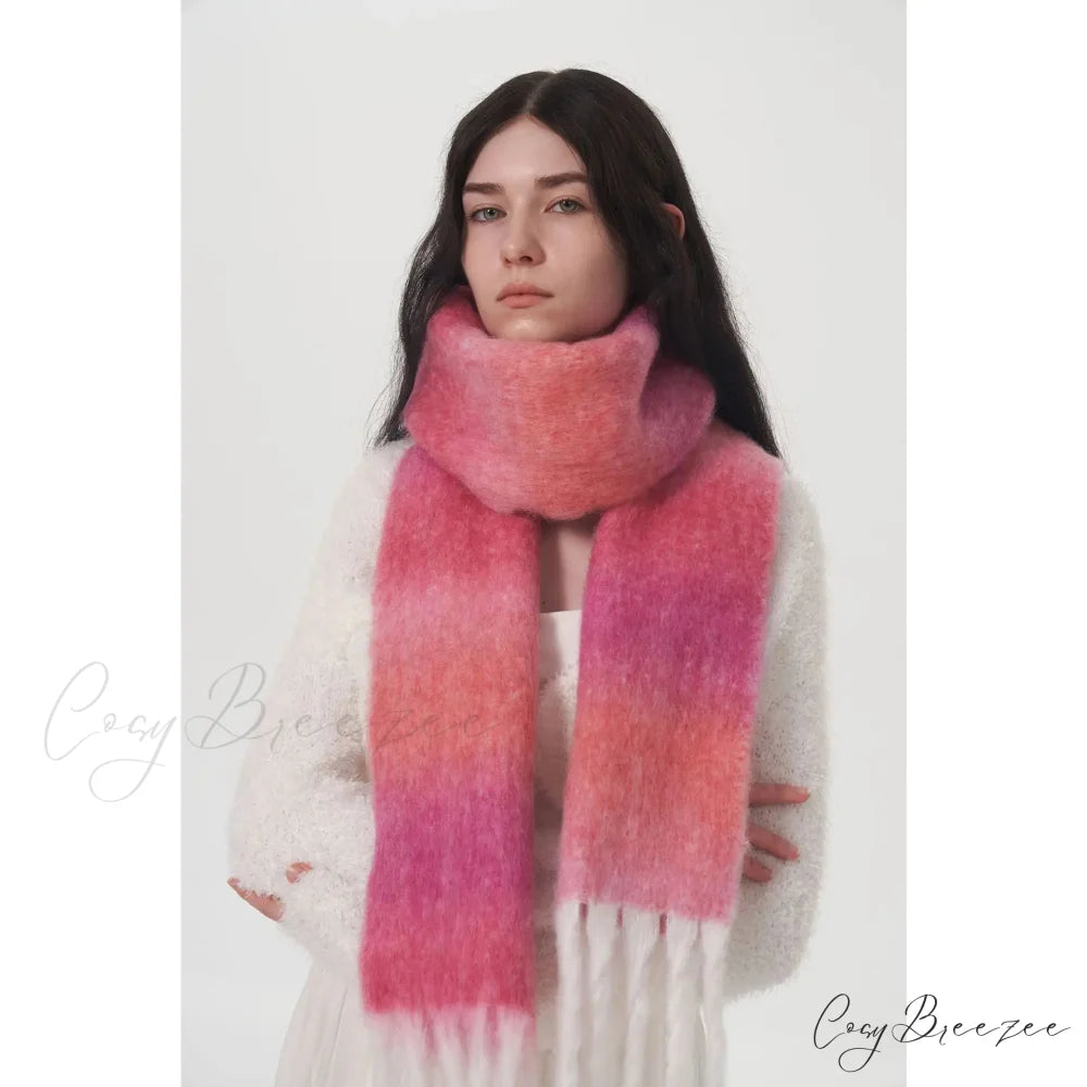 Light Luxury Gradient Color Wool Striped Fringed Mohair Scarf