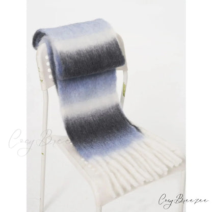 Light Luxury Gradient Color Wool Striped Fringed Mohair Scarf black white blue / L221cm W24cm