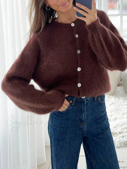 Lightweight Full Sleeve Plain Knit Cardigan brown / S cardigans-241228
