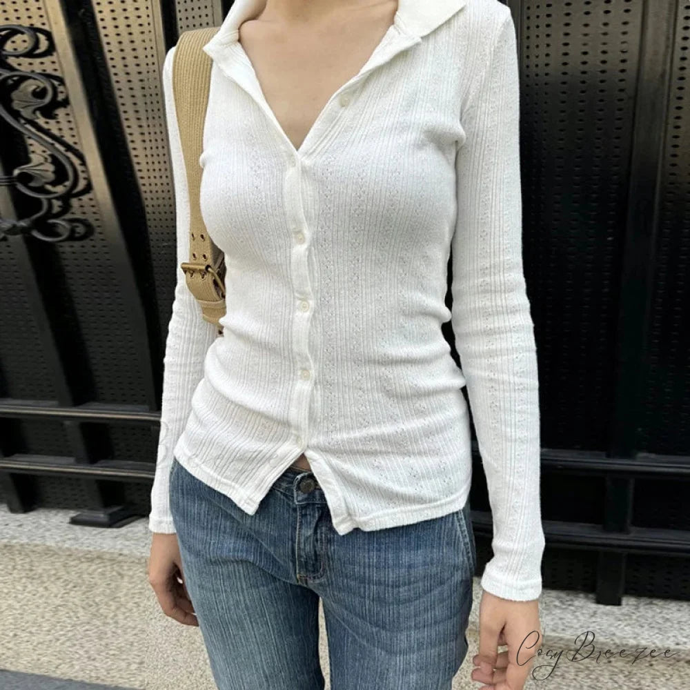 Lightweight Knitted Cardigan Solid Color Button-down Knit Top knittop-250126