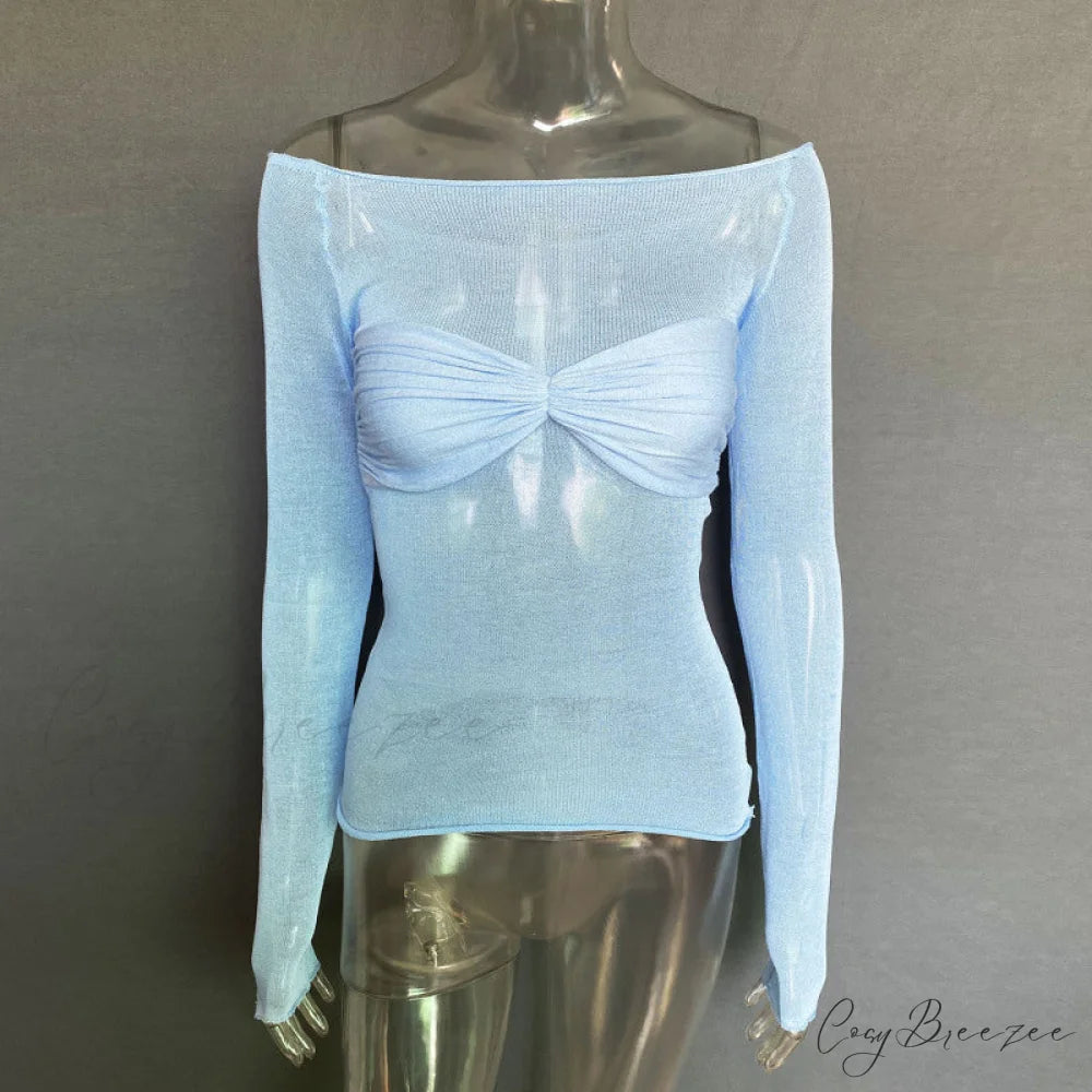 Lightweight T-Shirt Fashion See-Through Neck Women’s Top Sky blue azure / S