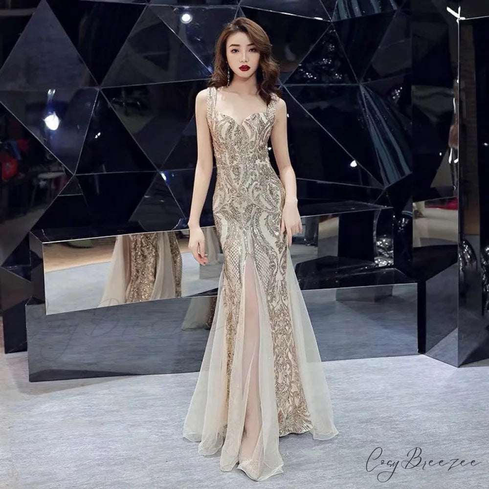Lily Embroidered Sequin Charming Formal Evening Gown GOLD / XS