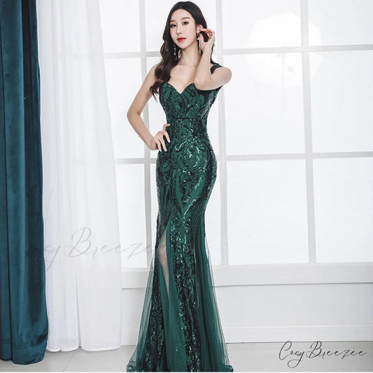 Lily Embroidered Sequin Charming Formal Evening Gown HUNTER / XS