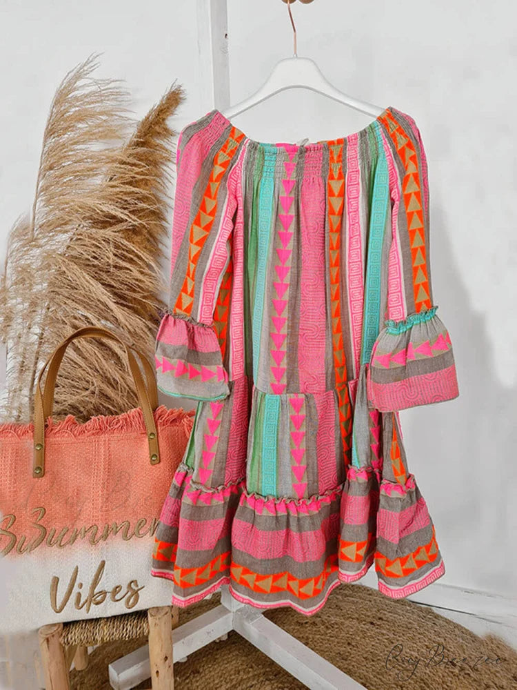 Linen Blend Ethnic Print Graceful Off Shoulder Loose Mini Dress
