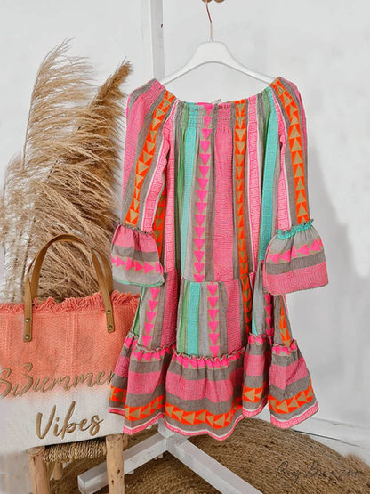 Linen Blend Ethnic Print Graceful Off Shoulder Loose Mini Dress