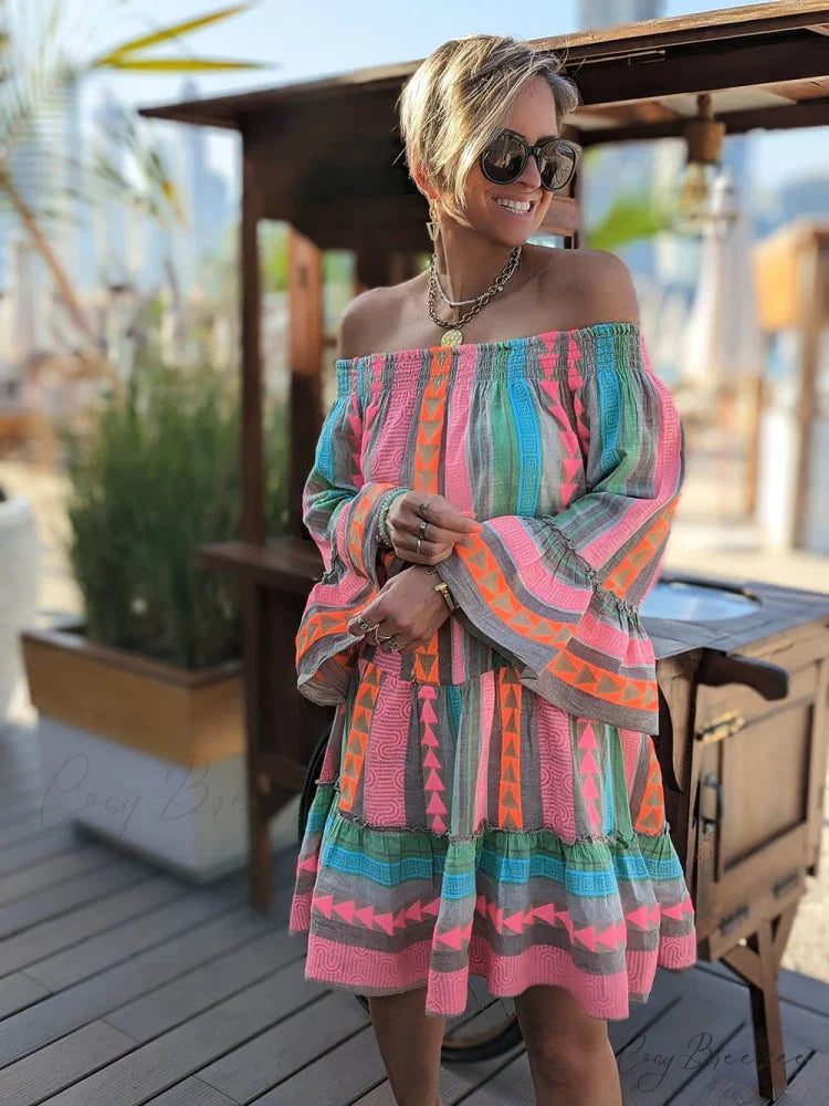 Linen Blend Ethnic Print Graceful Off Shoulder Loose Mini Dress