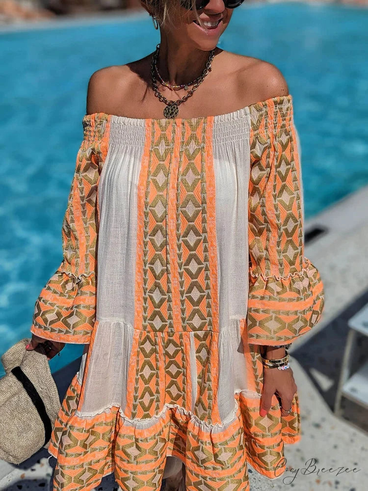 Linen Blend Ethnic Print Graceful Off Shoulder Loose Mini Dress