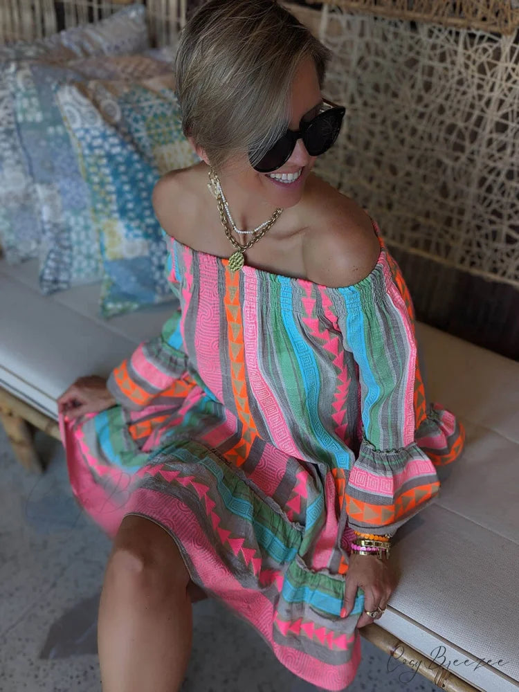 Linen Blend Ethnic Print Graceful Off Shoulder Loose Mini Dress