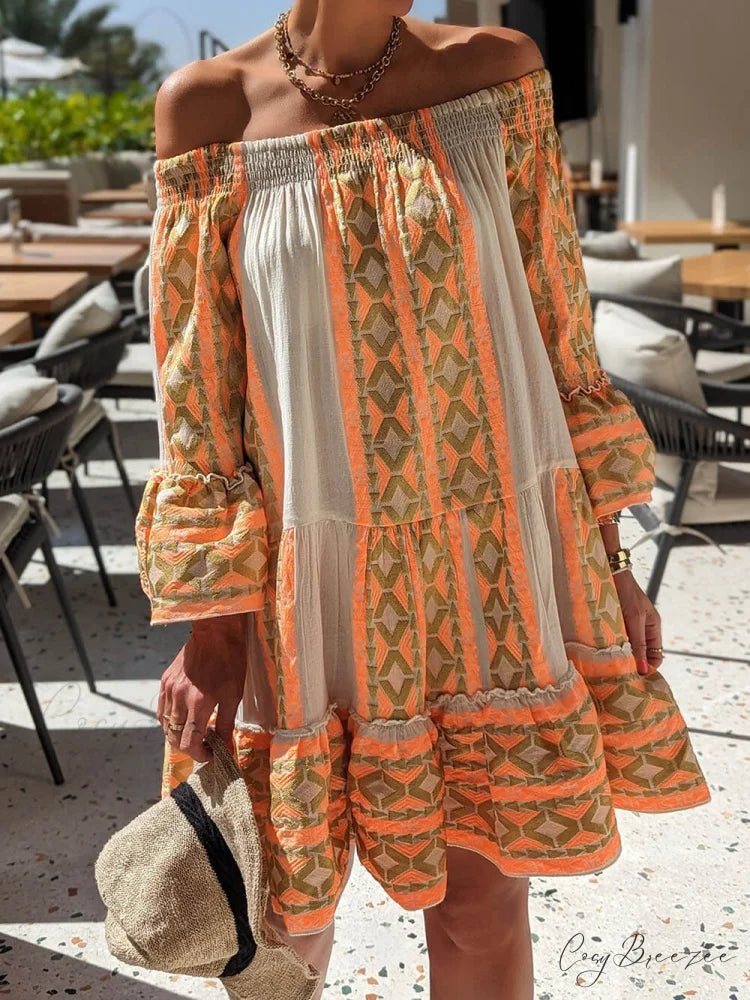 Linen Blend Ethnic Print Graceful Off Shoulder Loose Mini Dress