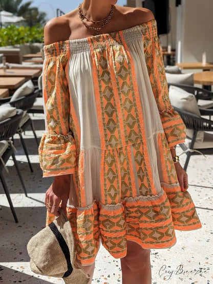Linen Blend Ethnic Print Graceful Off Shoulder Loose Mini Dress