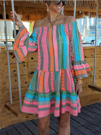 Linen Blend Ethnic Print Graceful Off Shoulder Loose Mini Dress Blue / S