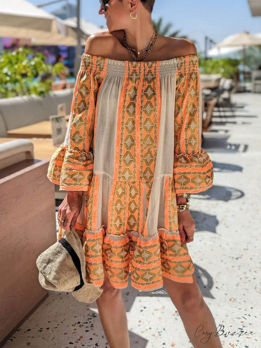 Linen Blend Ethnic Print Graceful Off Shoulder Loose Mini Dress Orange / S