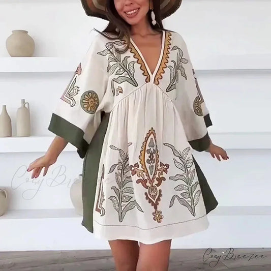 Linen Cotton Floral Boho Dress as picture / S bohodress-250126