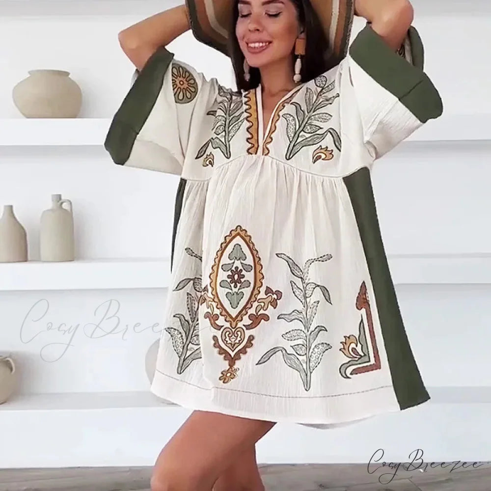 Linen Cotton Floral Boho Dress bohodress-250126