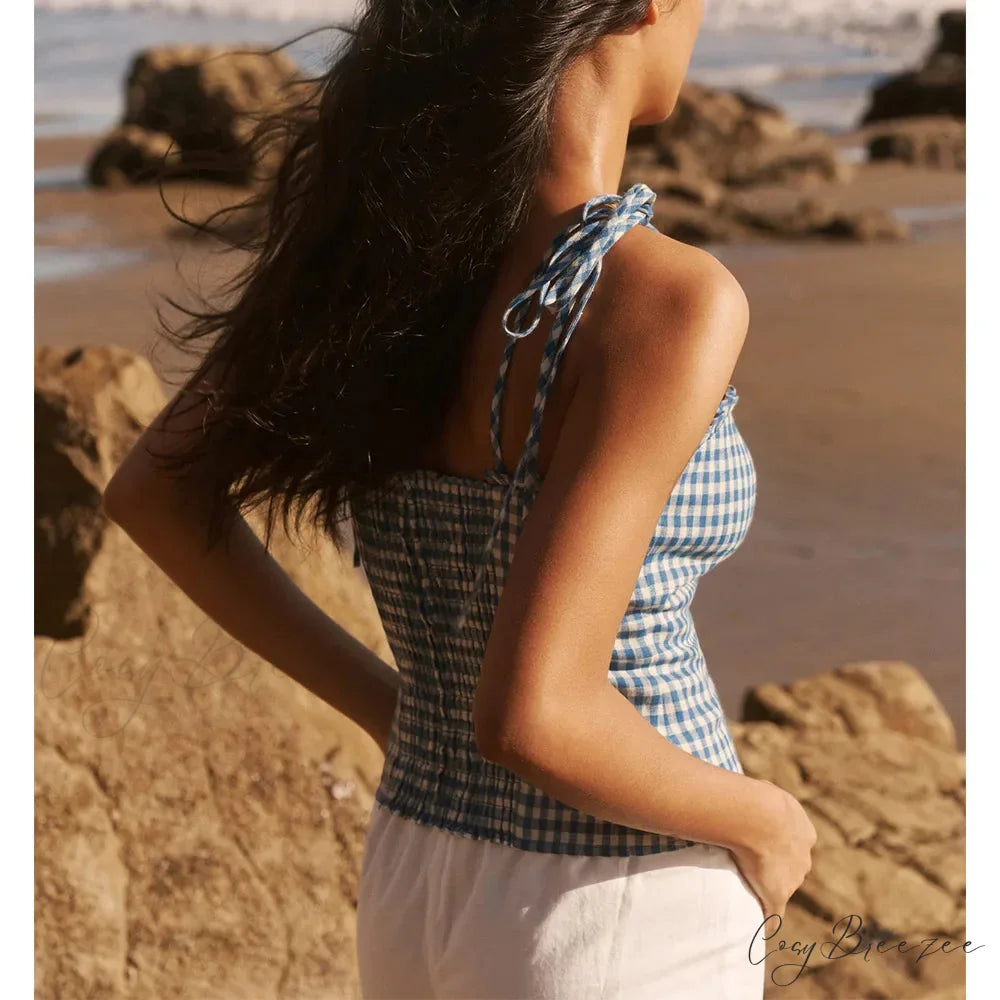 Linen Plaid Sweetheart Bow Tie Frill Spaghetti Strap Crop croptop-250126