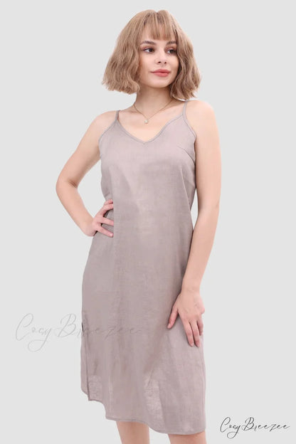 Linen Slip Dress with Daisy Embroidery Grey / S