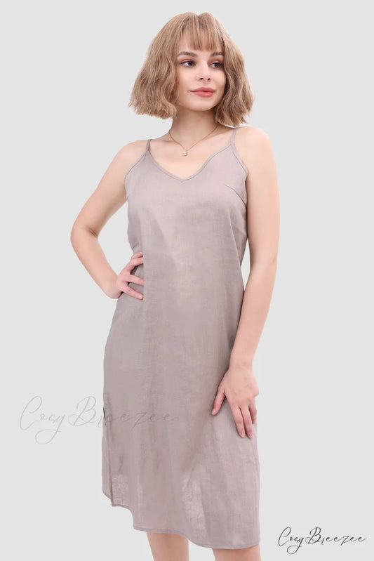 Linen Slip Dress with Daisy Embroidery Grey / S